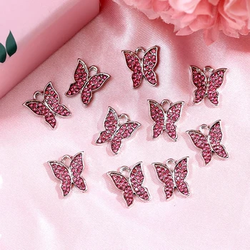 10 шт./лот, Блестящие подвески-бабочки из розового горного хрусталя для изготовления ювелирных изделий 