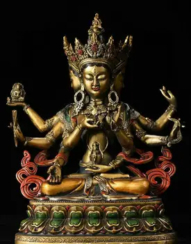 12-Дюймовая бронзовая позолоченная роспись Старого Тибета, 7 глаз, Белая Тара, 3 головы, 8 рук, статуя Будды
