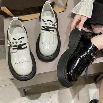 2022 Весна-осень, женские оксфорды, повседневная обувь на плоской платформе, Черные кожаные туфли на шнуровке с круглым носком