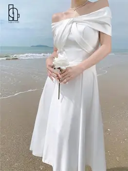 2023 Летнее Женское Элегантное Белое вечернее платье, женское платье Миди с открытыми плечами и высокой талией, Женское Свадебное платье