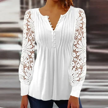 2023 Повседневная весенне-летняя женская рубашка, Винтажная блузка с V-образным вырезом и вышивкой, Открытая кружевная блузка с цветочным рисунком, Топы, пуловеры