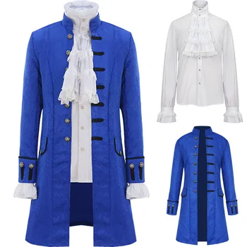 2023 Средневековые мужские рубашки + фрак, Водолазки, Винтажная Викторианская блузка с оборками, Готический стимпанк, синяя куртка, Мужские топы для косплея