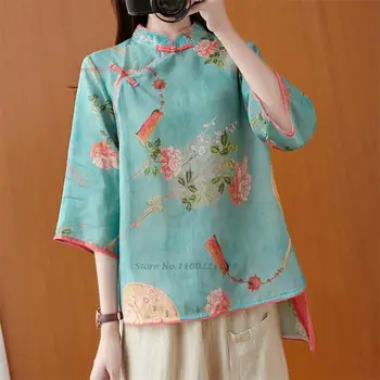 2023 традиционная китайская винтажная блузка из хлопка и льна, топы ципао, костюм тан, улучшенная рубашка чонсам, блузка с национальным цветочным принтом