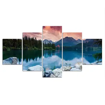 5 Панелей Печать Холст HD Настенная Художественная Живопись Природные Пейзажи Альпийский Лес Озеро Трава, Растущая Из Расщелин Скал Домашний Декор