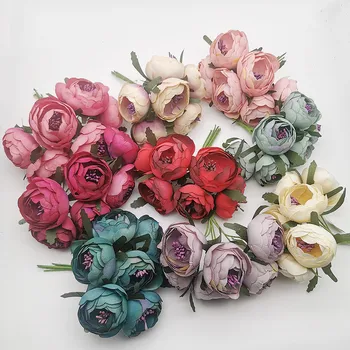 6 головок Искусственных чайных бутонов Розы Букет цветов DIY Венок ручной работы Украшение свадебной подарочной коробки Принадлежности для вечеринок Поддельные цветы