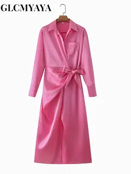 GLCMYAYA Атласное элегантное платье со шнуровкой и завязками с длинным рукавом, новинка 2023, женская повседневная комфортная ночная рубашка, модная женская одежда