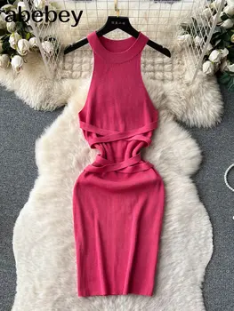 Ins Модное однотонное трикотажное женское платье 2023, летнее облегающее платье без рукавов на бретелях, Женское офисное платье в европейском стиле