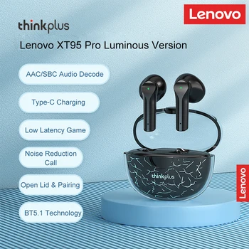 Lenovo XT95 Pro BT 5.1 Настоящие Беспроводные Наушники с микрофоном, Спортивная гарнитура, Музыкальные Наушники-вкладыши, Сенсорное Управление, Светящийся Чехол Для зарядки
