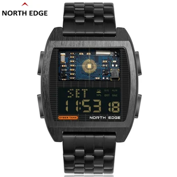 NORTH EDGE Новые мужские стальные часы в ретро-индустриальном стиле, водонепроницаемые 50-метровые цифровые часы со светодиодной подсветкой мирового времени для мужчин Relogio Masculino