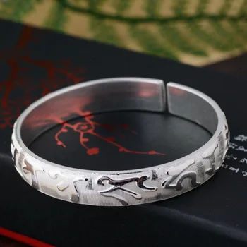 S990 Винтажный открытый браслет из чистого серебра с тиснением, серебряный браслет ручной работы в китайском стиле, подарок гармонии и процветания для женщины