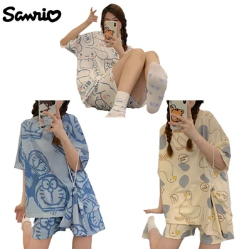 Sanrios Kawaii Cinnamoroll Летняя пижама для девочек с коротким рукавом, костюм с круглым вырезом, Прекрасная одежда для отдыха, Установка кондиционера