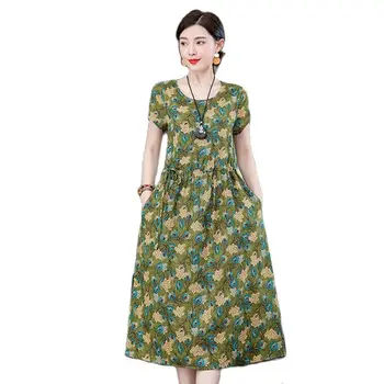 Vestidos Летние Элегантные хлопчатобумажные льняные платья для женщин 2023 г. Тонкое шикарное женское платье с коротким рукавом в корейском стиле