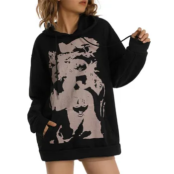 Y2K Женская толстовка свободного кроя с портретным рисунком, пуловер с капюшоном с длинным рукавом, Harajuku, готические толстовки Оверсайз XS-XXXL