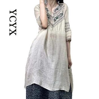 YCYX Летнее Новое женское платье из хлопка и льна с вышивкой в этническом стиле, Темпераментная юбка миди, свободное и повседневное платье YCYX256