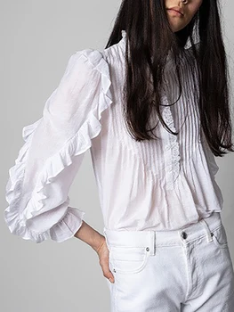 ZESSAM, кружевная женская рубашка с однотонными оборками, круглым вырезом, длинным рукавом, пуговицами с деревянными ушками, Женский топ, Повседневная Классическая винтажная женская блузка 2023 года выпуска