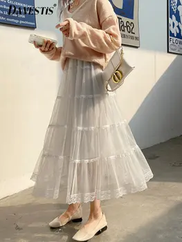 Белая тюлевая юбка Женская мода 2023 Весна и лето Свободная плиссированная юбка с высокой талией для женских повседневных сетчатых юбок миди
