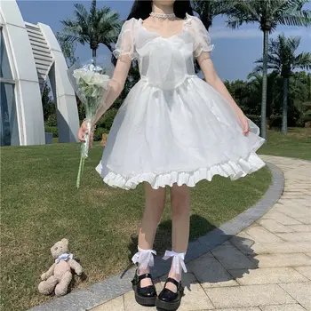 Белла новое Летнее Японское платье Каваи Лолита Корейская принцесса Элегантное Милое платье с коротким рукавом Повседневное Сексуальное Мини-платье с бантом для вечеринки