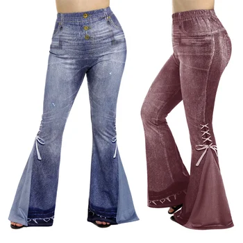 Большие размеры, женские джинсы с 3D принтом, расклешенные брюки с эластичной высокой талией, сексуальные облегающие брюки, уличная одежда, расклешенные брюки