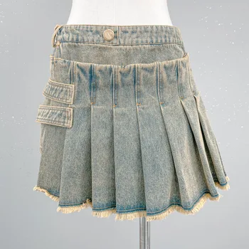 Весенне-летняя асимметричная юбка из выцветшего денима с подолом наполовину, асимметричный вырез, двухслойный дизайн.
