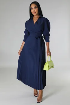 Весна / лето 2023, поло с длинным рукавом и высокой талией, модное женское платье в складку