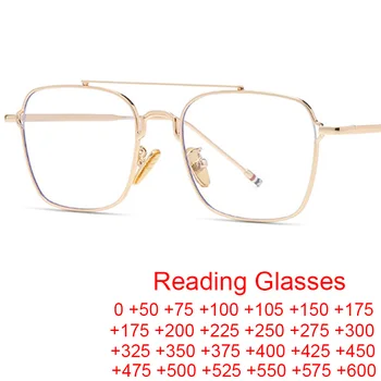 Винтажные Квадратные очки для чтения в маленькой рамке, блокирующие Синий свет, Мужские UV400 Металлические Двойные Мосты, Оправы для очков по рецепту
