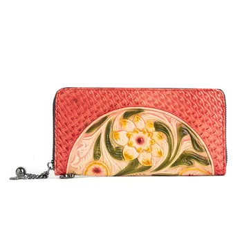 Винтажный женский кошелек из натуральной кожи с цветочным рисунком, женский кожаный кошелек для карт, длинный женский клатч из натуральной воловьей кожи, сумочка для мобильного телефона