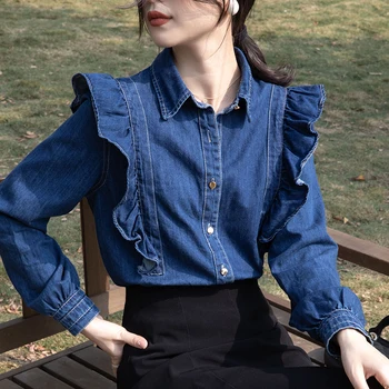Джинсовая блузка с милыми оборками, женские джинсовые рубашки с воротником Поло Корейской моды, Свободные весенние топы с длинными рукавами, Шикарные синие блузы Mujer