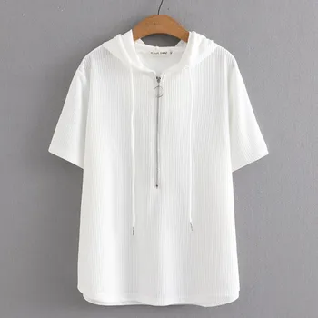 Женская базовая футболка большого размера 2023, Летние белые футболки с капюшоном на молнии, топы с коротким рукавом, одежда Оверсайз