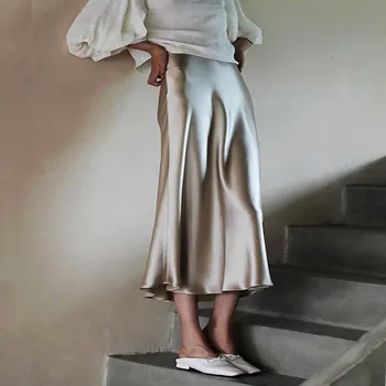 Женская одежда, шелковые атласные юбки трапециевидной формы, вечерние роскошные бежевые длинные юбки-полукомбинезоны, обтягивающее летнее Корейское платье для женщин