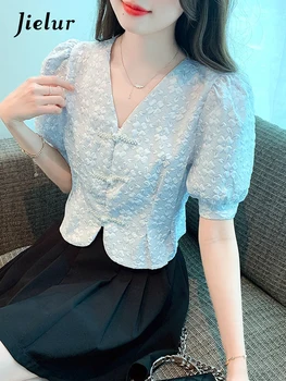 Женская рубашка Jielur в китайском стиле с шикарными пуговицами и V-образным вырезом, однотонная, с пышными рукавами, однобортная, элегантная, модная для офисных леди