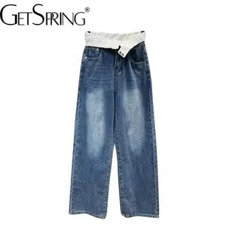 Женские джинсовые брюки GetSpring 2023, Весна-лето, прямые джинсы в стиле пэчворк с двойной талией, свободные Длинные джинсы с высокой талией, женские брюки