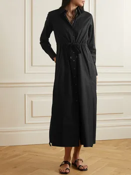 Женское белое или черное платье-рубашка С бисером, пояс на завязках, однобортный отложной воротник, Женский халат Миди с длинным рукавом