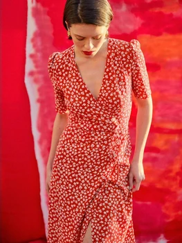 Женское платье с V-образным вырезом и пышными рукавами с принтом 2023, Весна и лето, Новый стиль