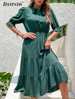 Зеленое повседневное платье для женщин 2023, весна-лето, свободные дышащие расклешенные платья с короткими рукавами для женщин, однотонное повседневное платье