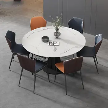 Изготовленный на заказ кухонный стол из круглого сланца, Комбинированный Обеденный стол, 6 стульев, домашняя мебель для ужина, дизайнерский постмодерн