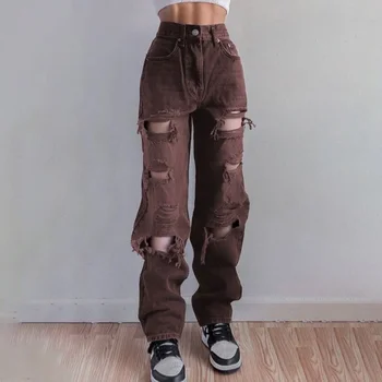 Коричневые рваные джинсы для женщин, потертые винтажные уличные джинсы, женские брюки в стиле хип-хоп с дырками и высокой талией, модные прямые брюки