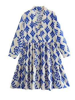 Короткое платье с V-образным вырезом и длинным рукавом с синим принтом, Свободные плиссированные оборки, милые платья-рубашки, женское модное милое платье в повседневном стиле