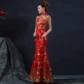 Красное Китайское Свадебное платье Женское с длинными рукавами Женское Золотое Китайское Традиционное платье Cheongsam Lady Qipao Evening Party Dress 8