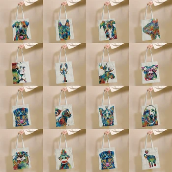 Красочный рисунок для творчества в виде животных, Многоразовая хозяйственная сумка, холщовые сумки-тоут, Эко-сумка с принтом, сумки через плечо для покупателей