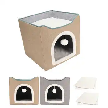 Кровать-пещера для кошек, Кошачий домик, складной плюшевый шарик с когтеточкой для зимы, для лета