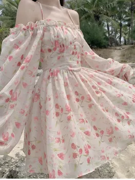 Летнее женское платье с цветочным рисунком 2022, женское сказочное платье с длинным рукавом и открытыми плечами, розовые Элегантные пляжные мини-платья трапециевидной формы