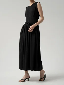 Летнее черное платье миди на бретелях, женское новинка 2023 года, минималистичные платья в стиле ампир с круглым вырезом, длина по щиколотку, с карманами