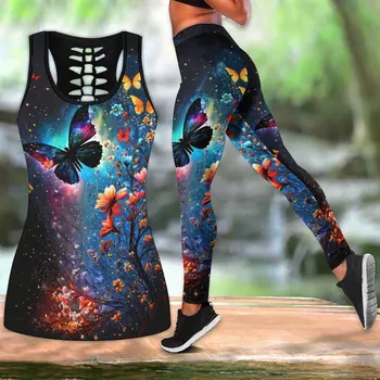 Летний модный женский костюм Звездное небо, жилет без рукавов с принтом бабочки, майка, леггинсы, одежда для йоги XS-8XL