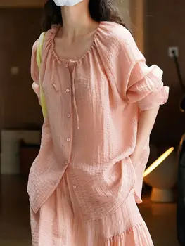 Летняя новая женская шифоновая рубашка Романтическая Повседневная текстура на шнуровке с круглым вырезом, Свободный солнцезащитный топ, Бежевые / розовые женские блузки Mujer