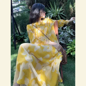 Лето 2023 г. Новая юбка для пляжного отдыха Высококачественное желтое шелковое шифоновое платье с принтом
