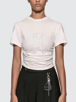 Модная женская футболка с коротким буквенным принтом и цепочкой, плиссированная футболка 2023, новые женские топы с короткими рукавами