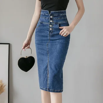 Модная сексуальная юбка с разрезом, весна-лето, Однобортная юбка с высокой талией, облегающая бедра, джинсовая юбка-карандаш для женщин, Корейские брюки