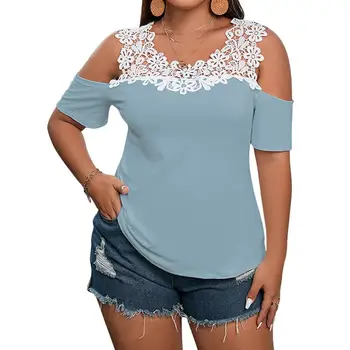 Модная футболка, Женский топ, короткие рукава, Кружевной вырез, круглый вырез, с открытыми плечами, свободная летняя футболка с цветочной вышивкой