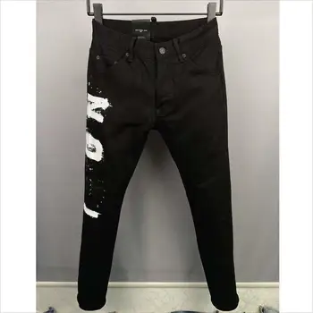 Модные мужские всесезонные облегающие джинсы-стрейч с буквенным принтом, мотоциклетные джинсовые брюки DSQ COOLGUY JEANS, черный цвет 9858#