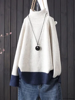 Модные свитера, женские Осенне-зимние новинки, повседневный пуловер контрастного цвета с высоким воротом, свитер оверсайз для женщин